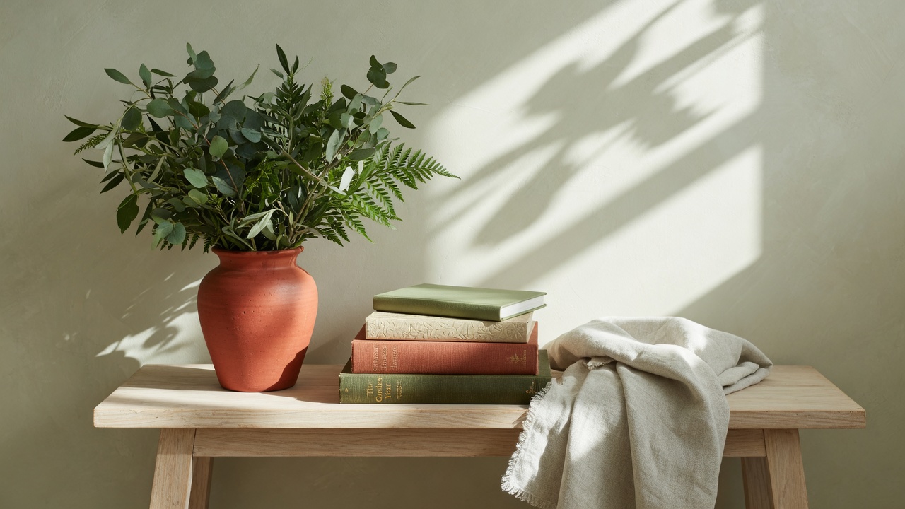 Sunlit wooden bench with a terracotta vase of eucalyptus, a small stack of books, and a folded linen throw against a sage wall.