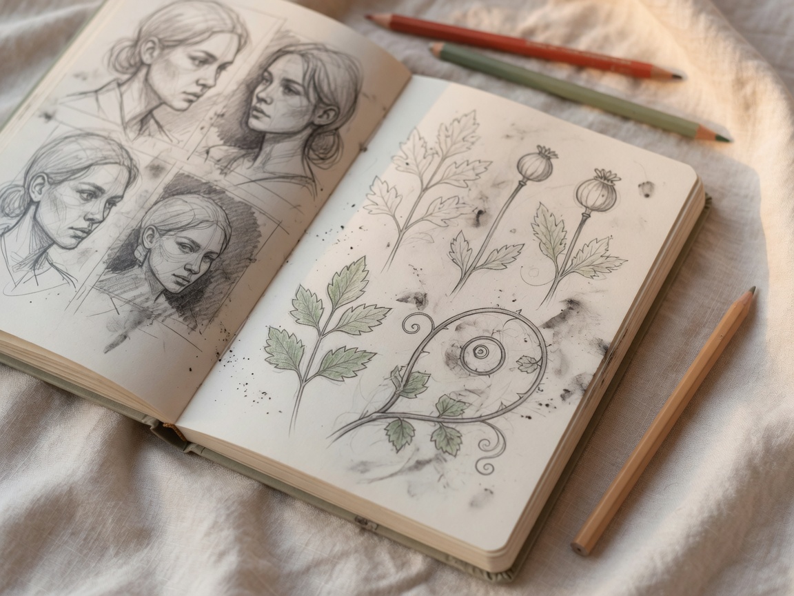 Open sketchbook with pencil portrait studies and botanical drawings, colored pencils resting on cream linen.